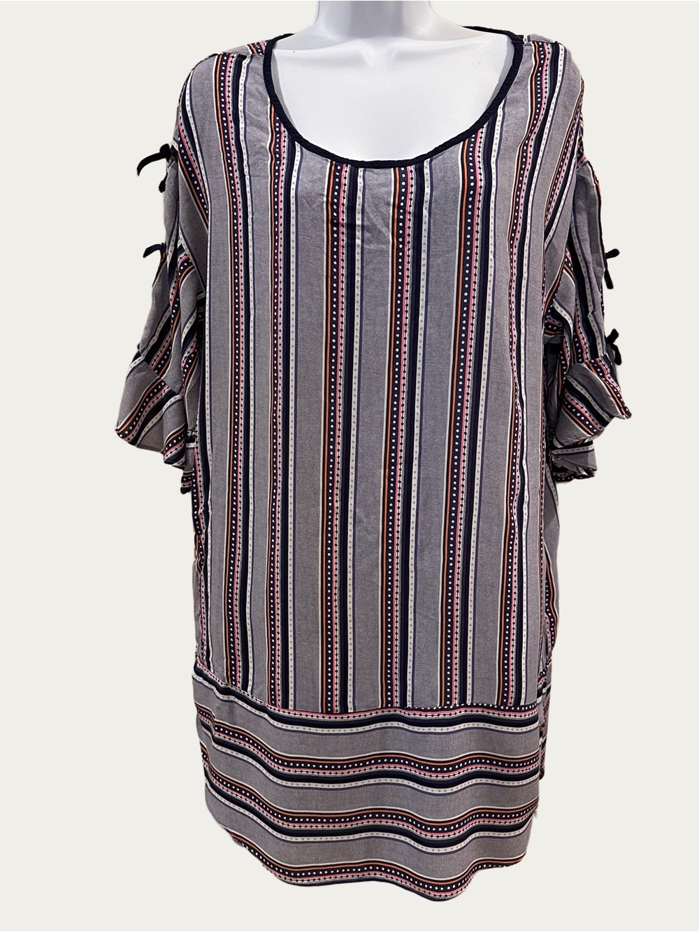 Kensie Striped and Polka Dot Blue Tunic With Ribbons / Fluted Sleeves Large